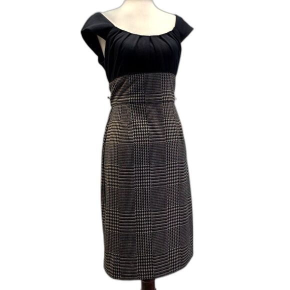 London Times Black and Grey Houndstooth Plaid Cap Sleeve Midi Dress Size 8 - Picture 2 of 13